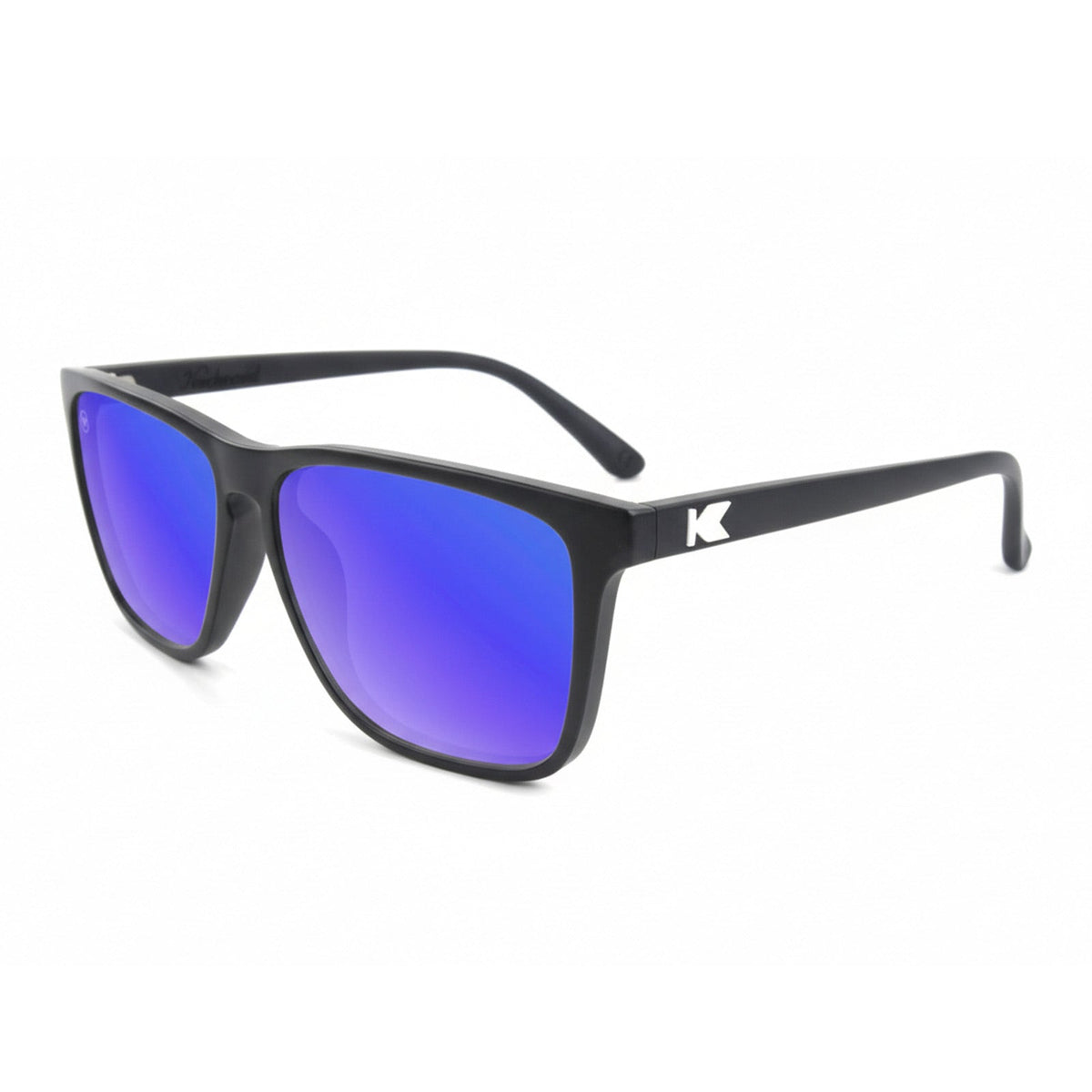 Black sunglasses with purple mirrored lenses