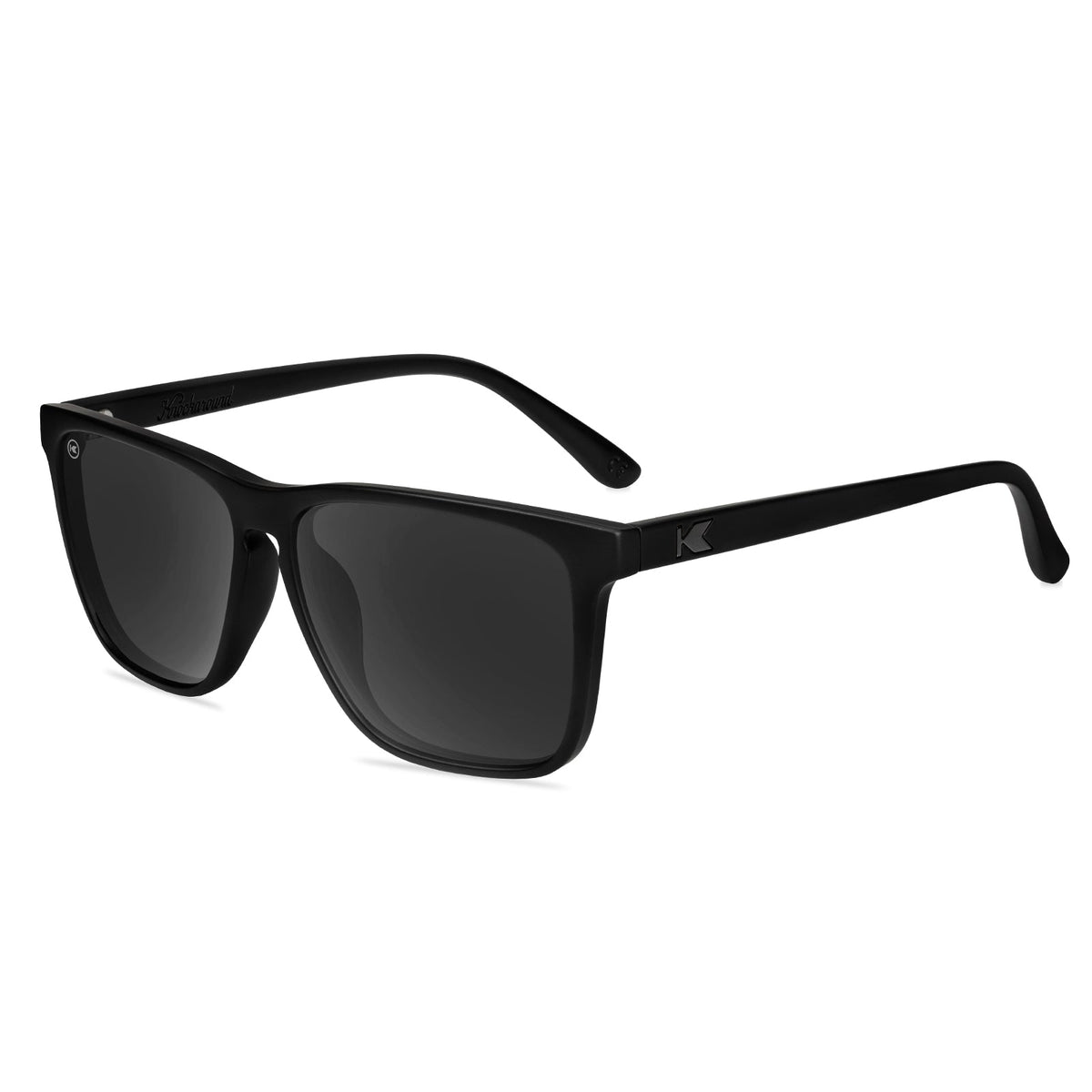 Matte black sunglasses with dark lenses and short wraparound styling