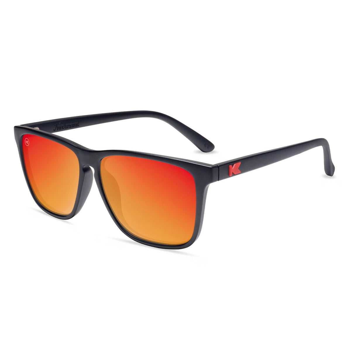 Dark gray sunglasses with orange-red mirror lenses and slim black frame