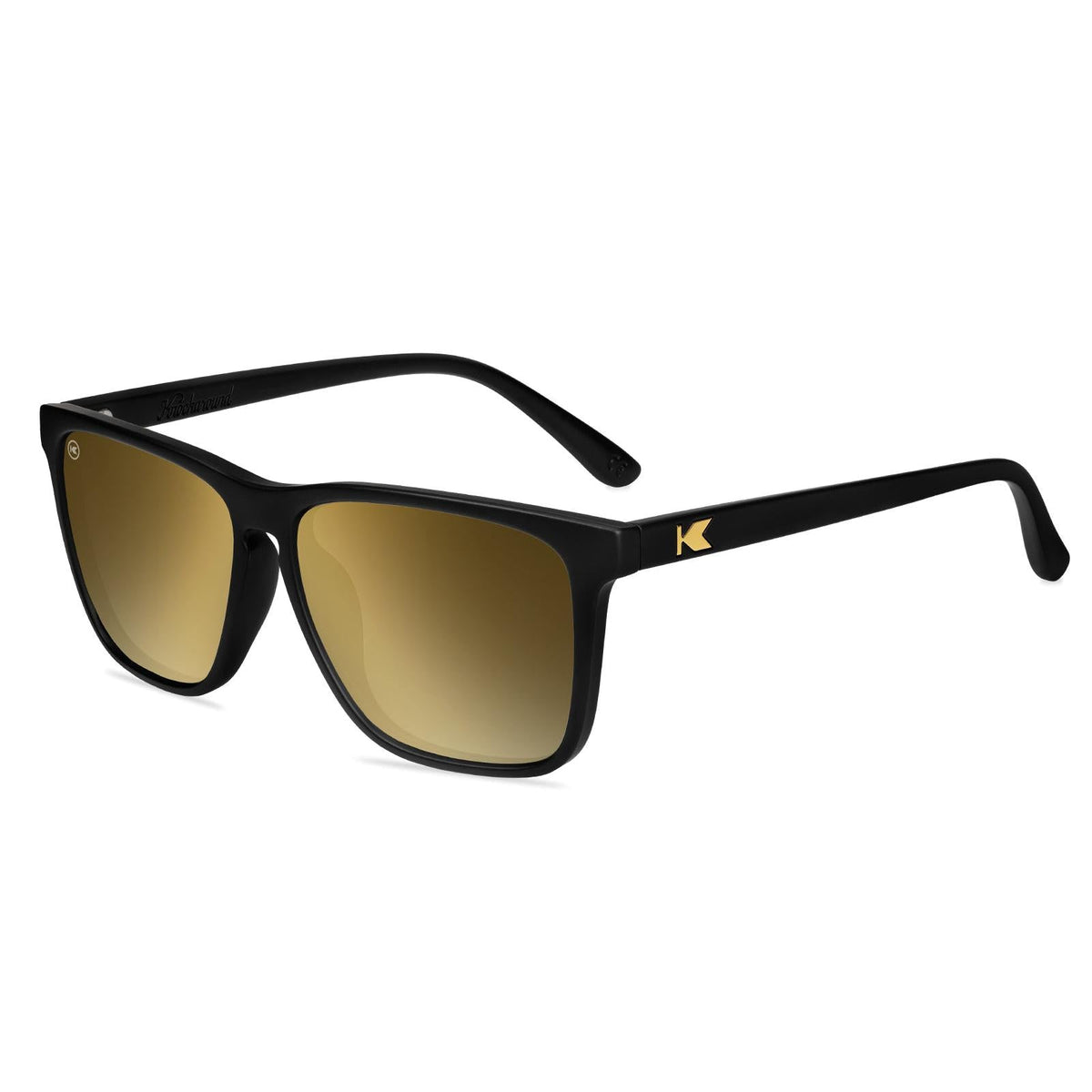 Square sunglasses with black frames and gold tinted lenses.