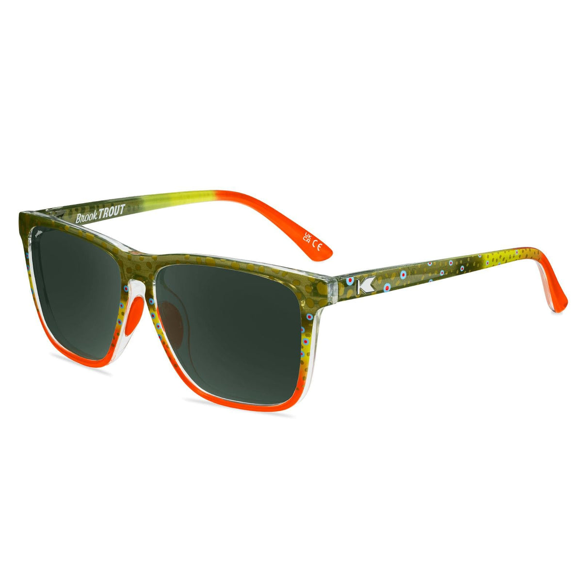 Square sunglasses with green frame and orange accents, dark green lenses.