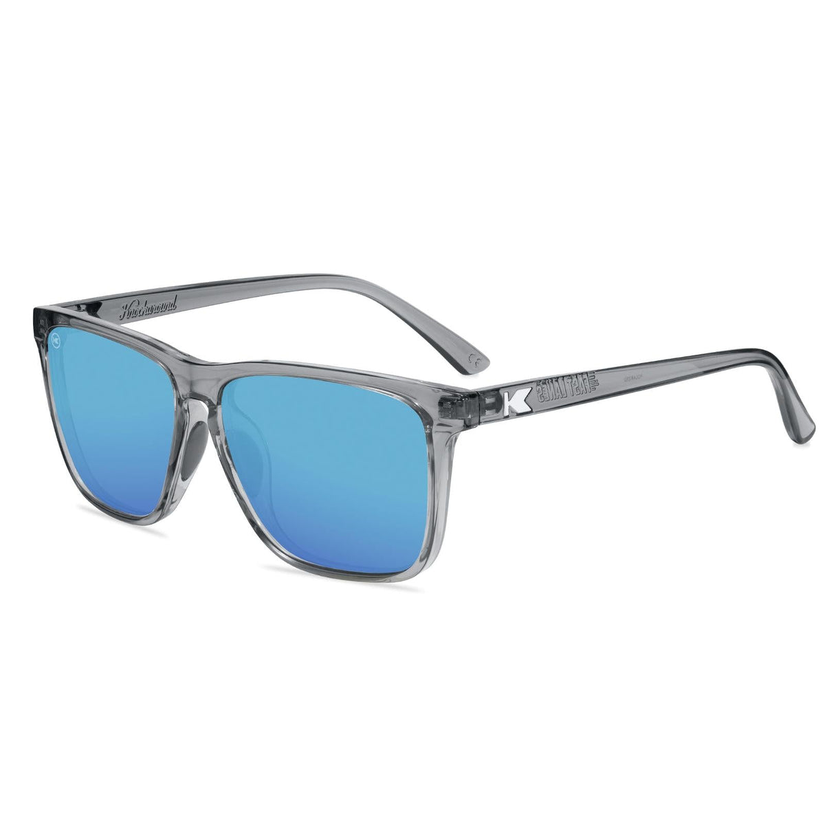 Square sunglasses with gray frames and blue mirrored lenses.
