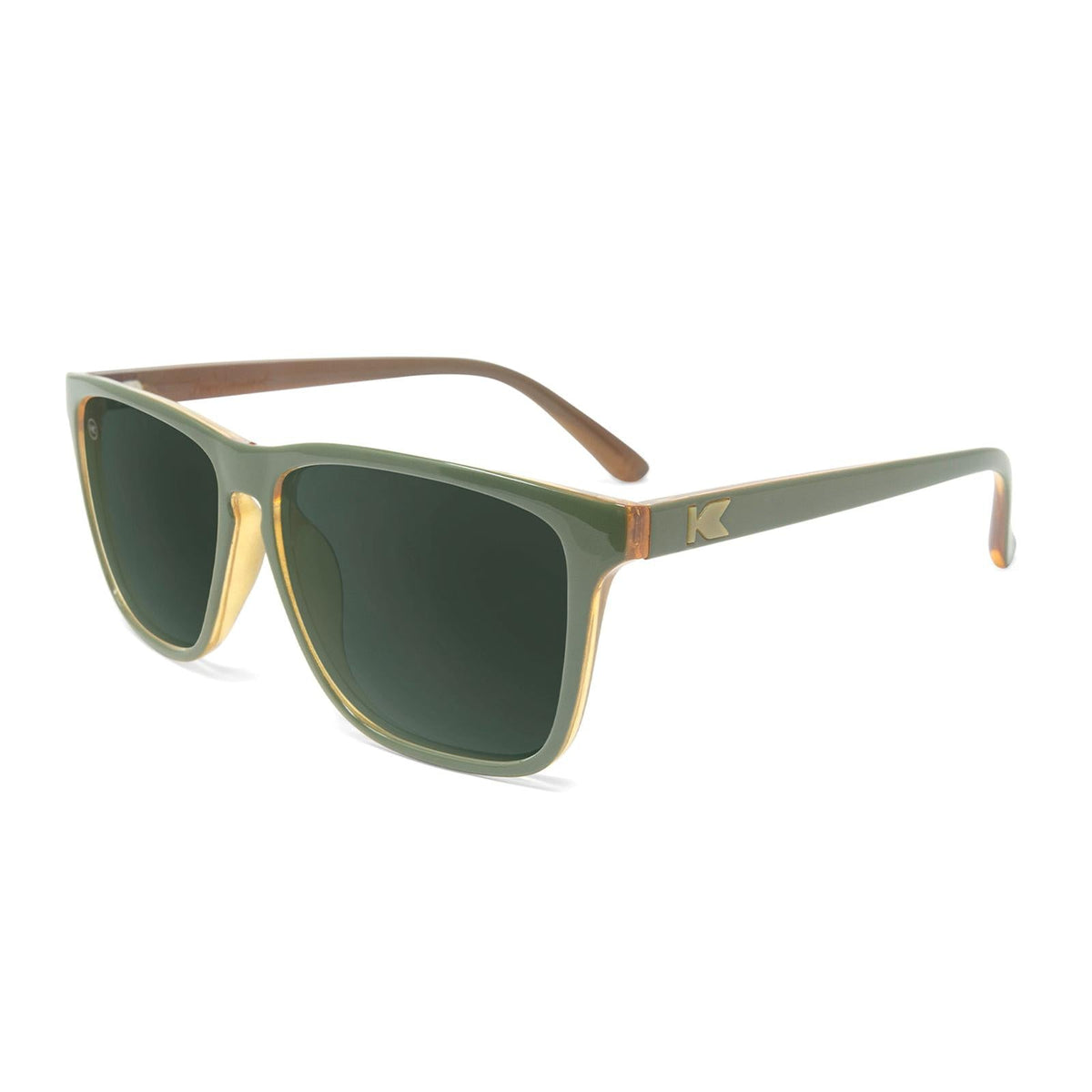 Olive green sunglasses with dark green lenses and light tan frame arms