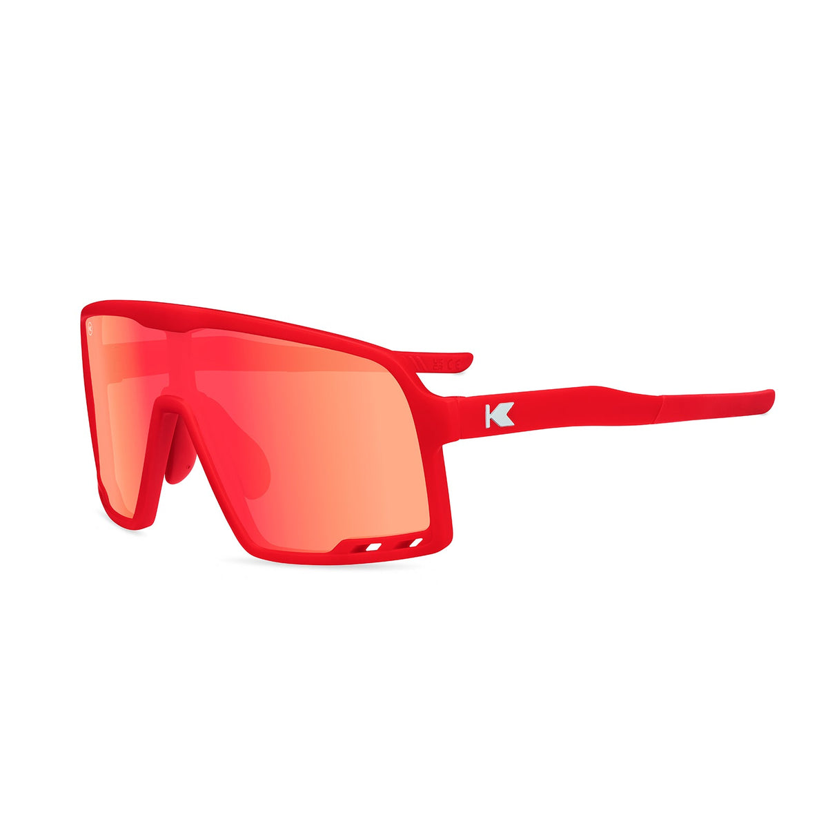 Kids' red sports sunglasses with oversized tinted lenses and logo detail