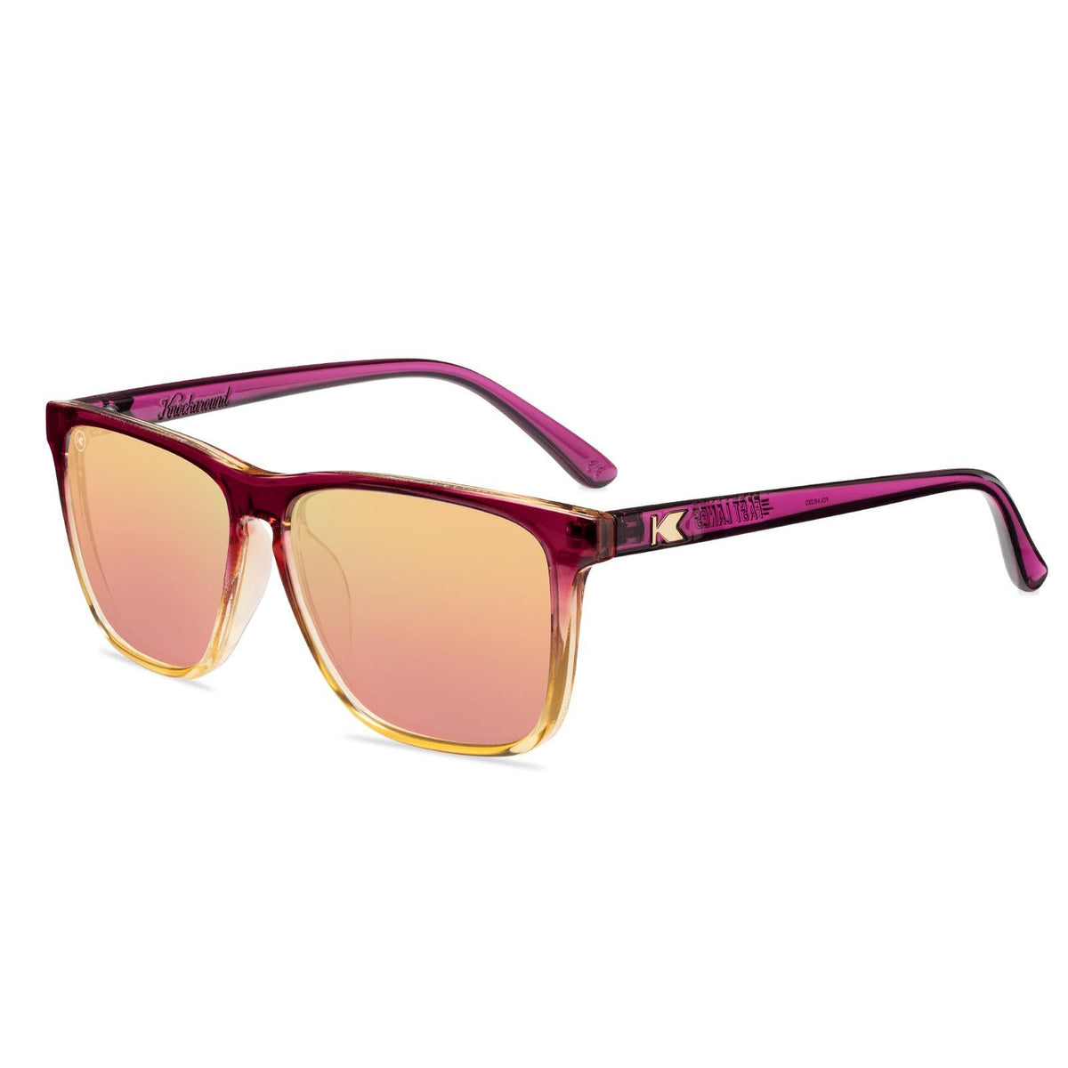 Purple sunglasses with pink-orange mirrored lenses