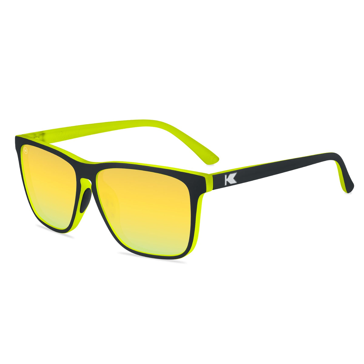 Knockaround Fast Lanes sunglasses with neon green frames and yellow gradient lenses