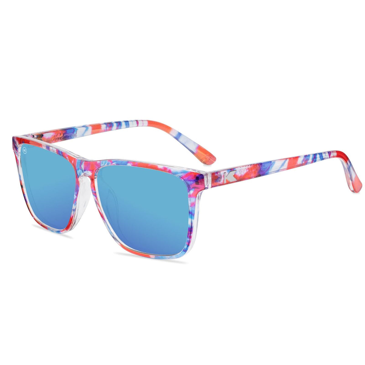 Square sunglasses with colorful translucent frames and blue tinted lenses.
