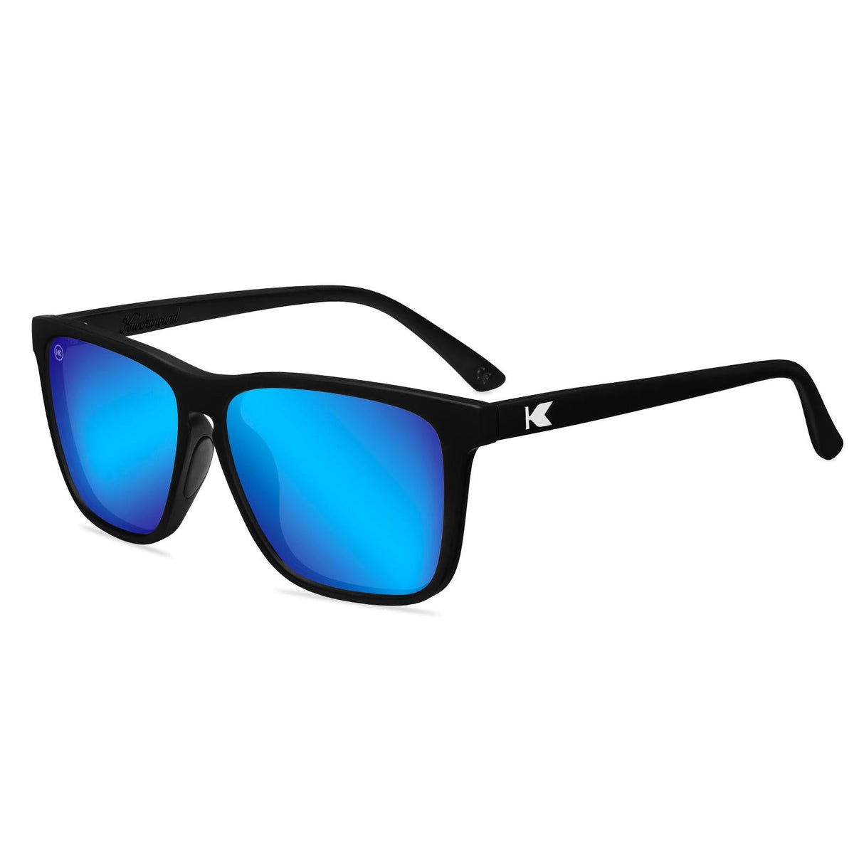Black sunglasses with vivid blue mirrored lenses