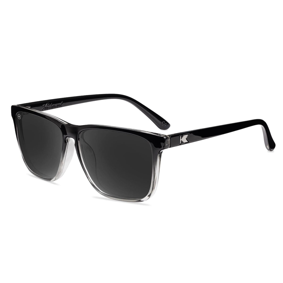 Square sunglasses with black frames and dark smoke lenses.