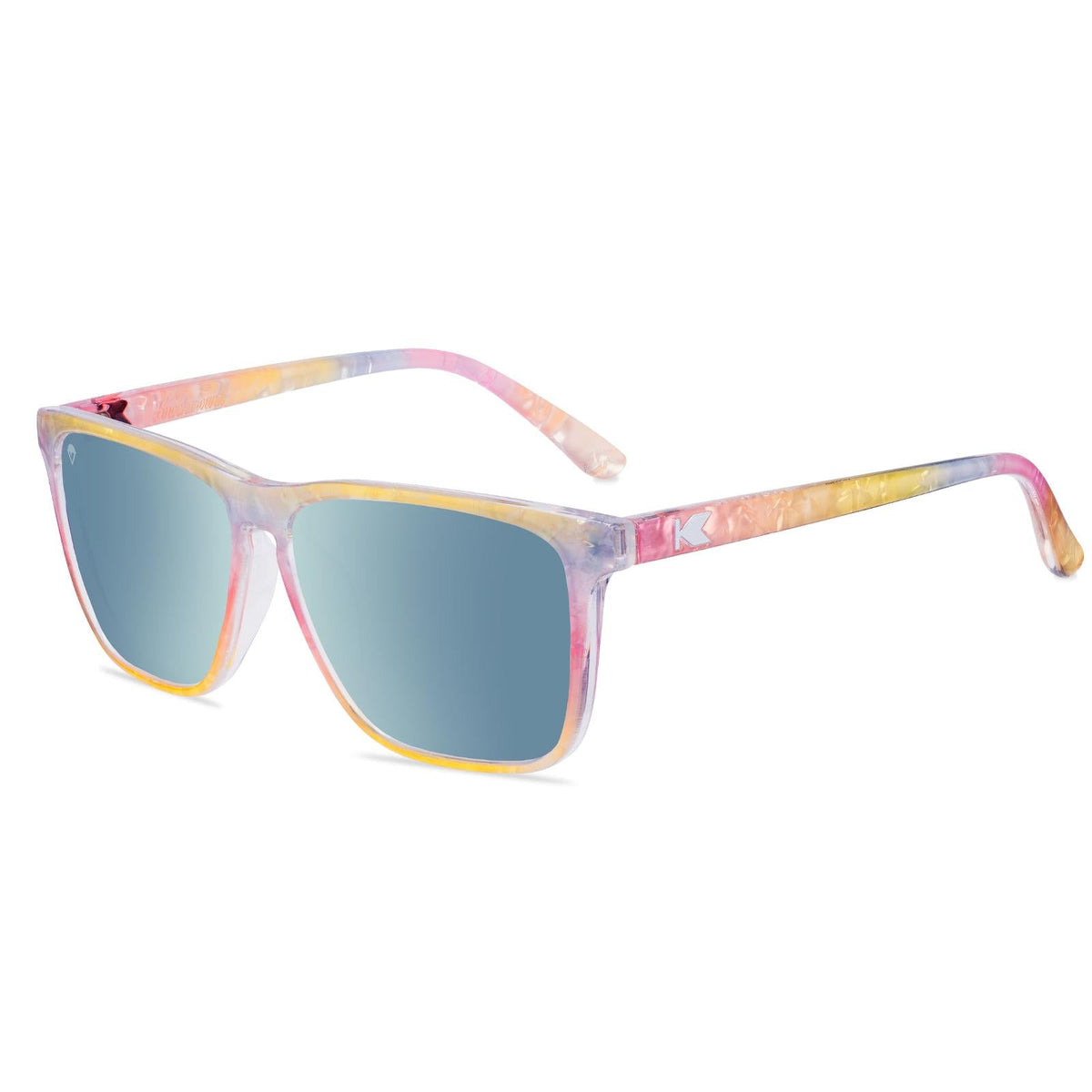 Square sunglasses with pastel translucent frames and blue tinted lenses.