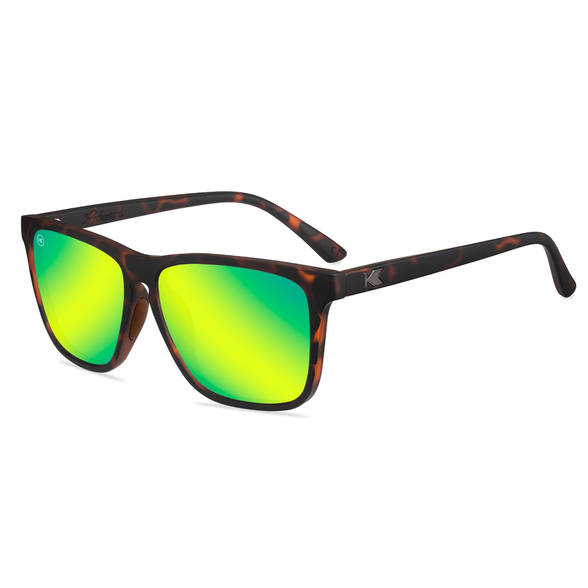 Tortoise sunglasses with bright neon green mirrored lenses and black frame