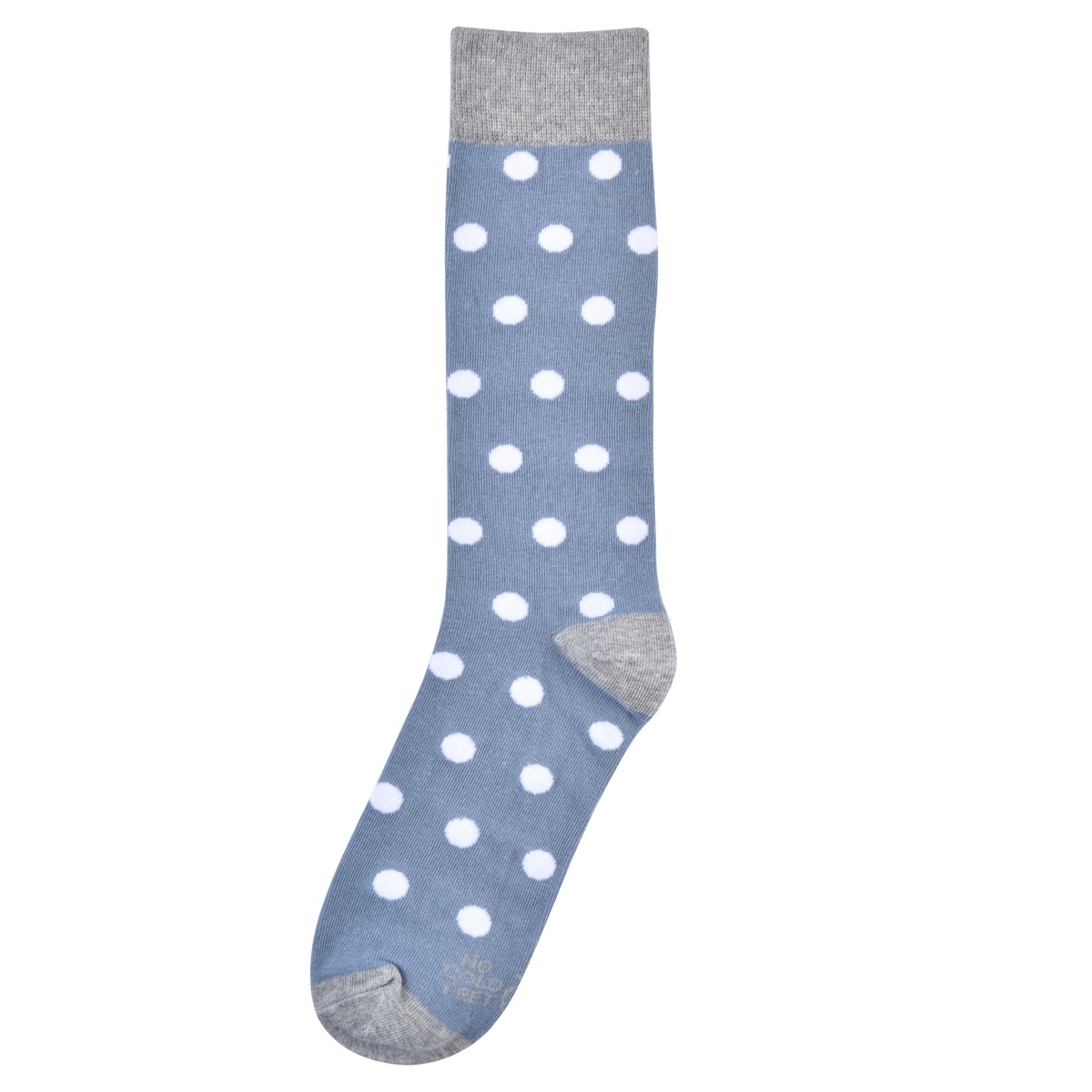 Dusty blue crew sock with white polka dots and gray heel, toe, and cuff