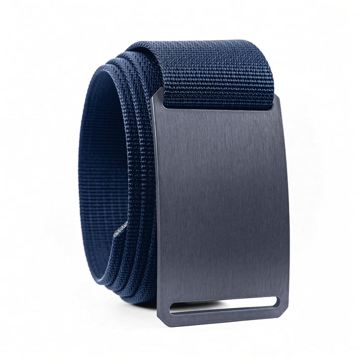 Woven fabric belt with matte metal buckle, navy strap and dark buckle