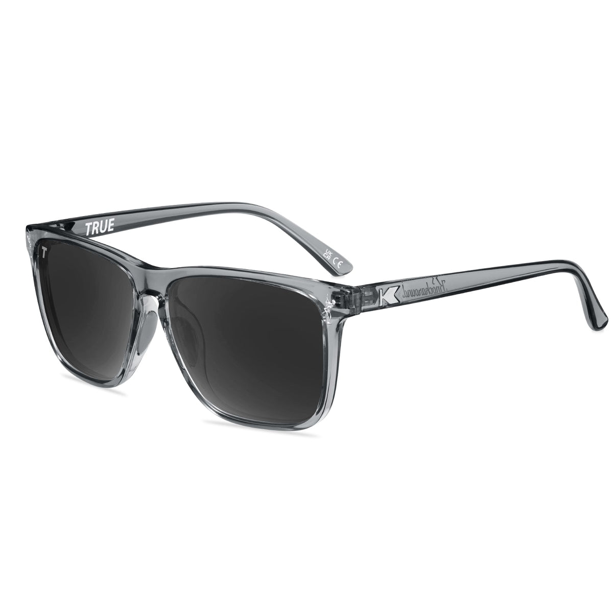 Clear frame sunglasses with dark lenses and silver-toned temples