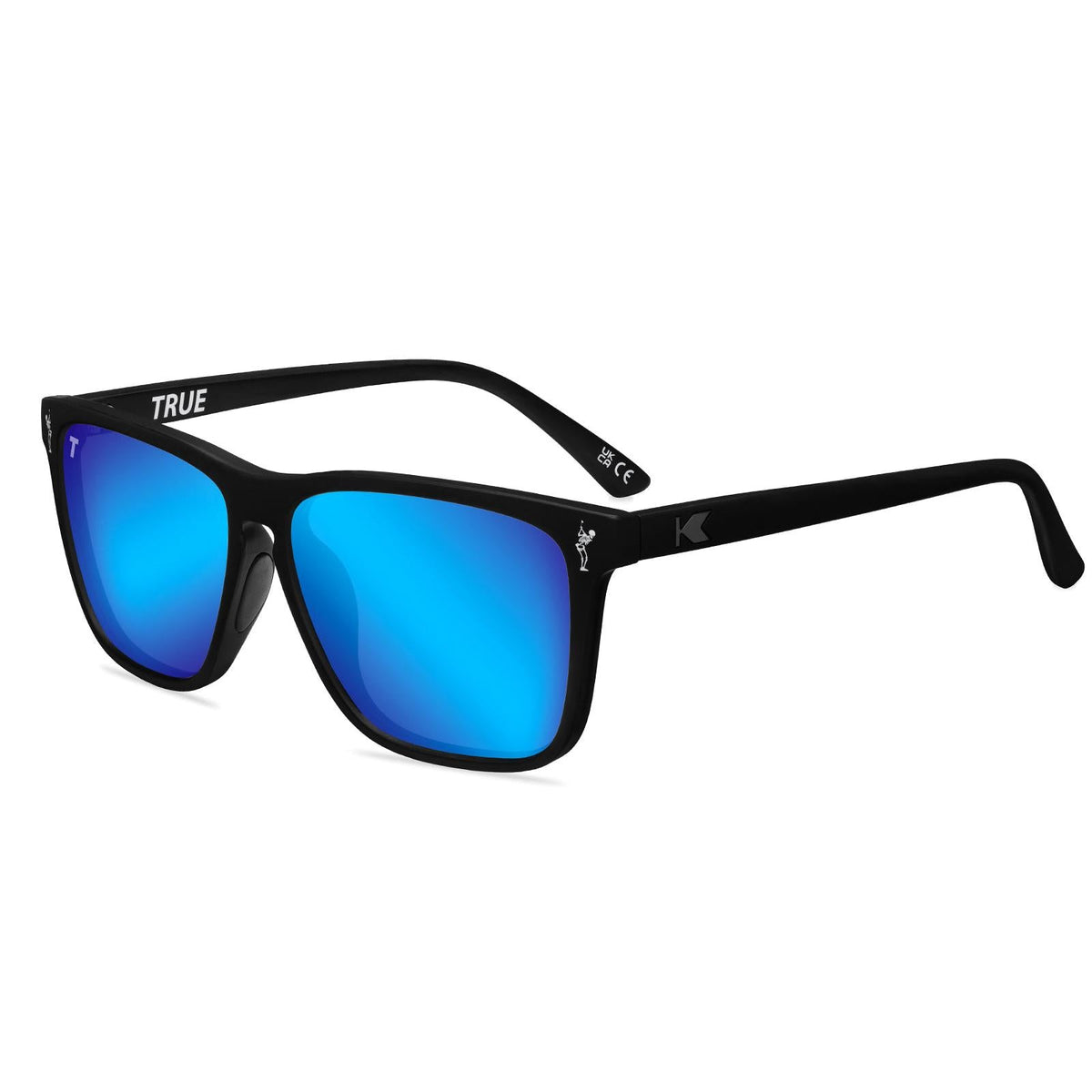 Black sunglasses with blue mirrored lenses and blue-tinted side accents