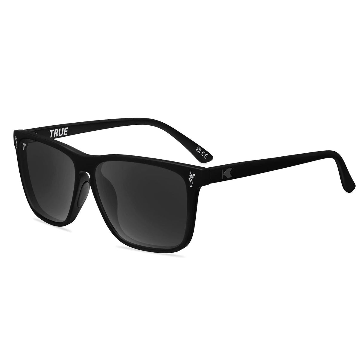 Black sunglasses with dark lenses and smooth wraparound frame
