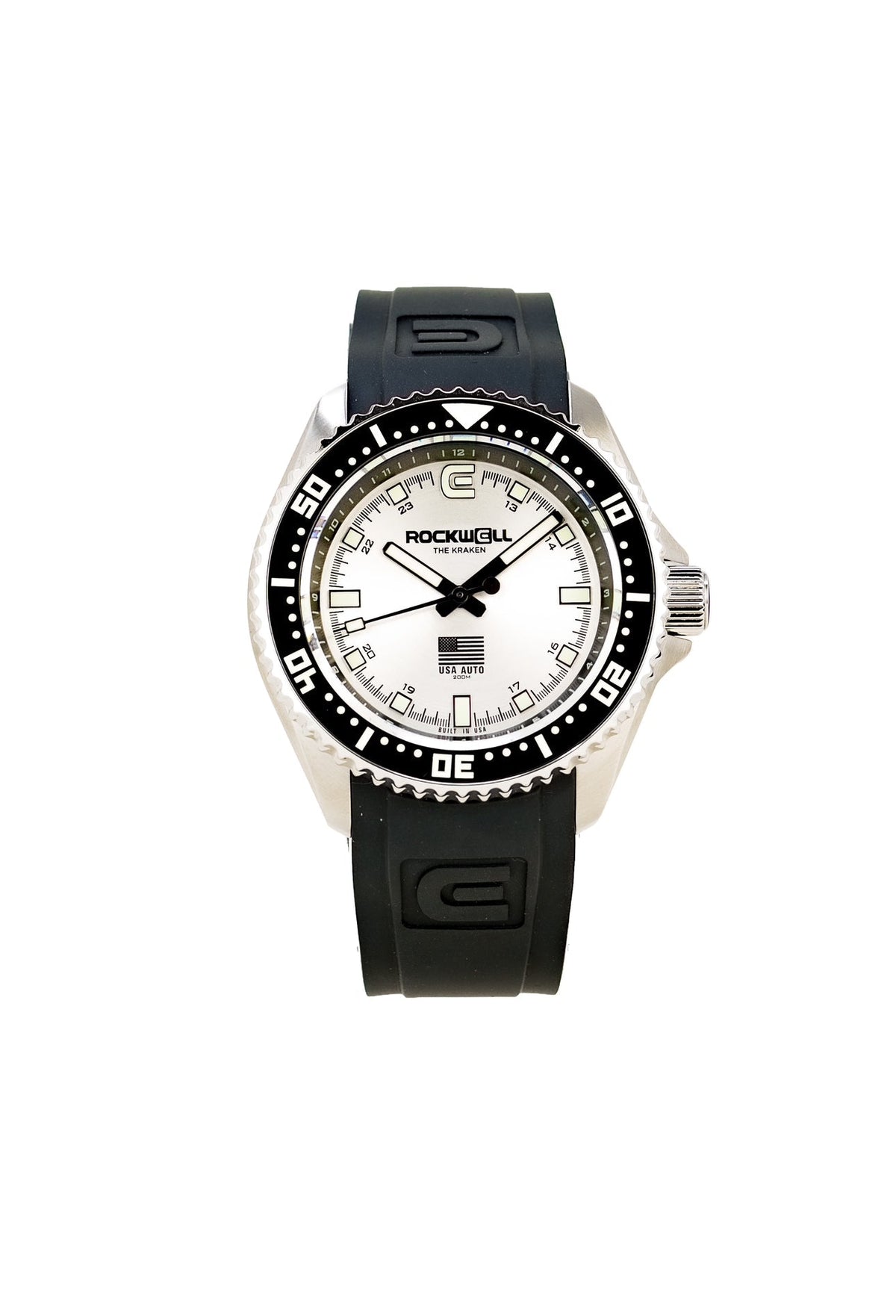 Black silicone wristwatch with white dial, minute-marked bezel, Rockwell logo