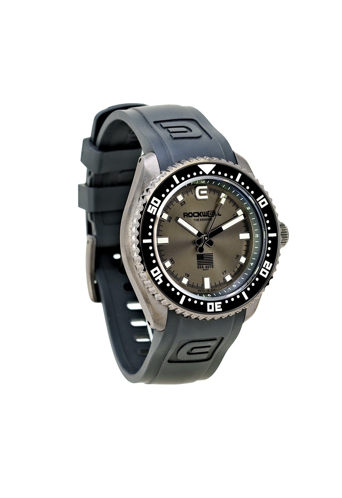 Black silicone wristwatch with dark brown dial, ridged bezel, Rockwell logo