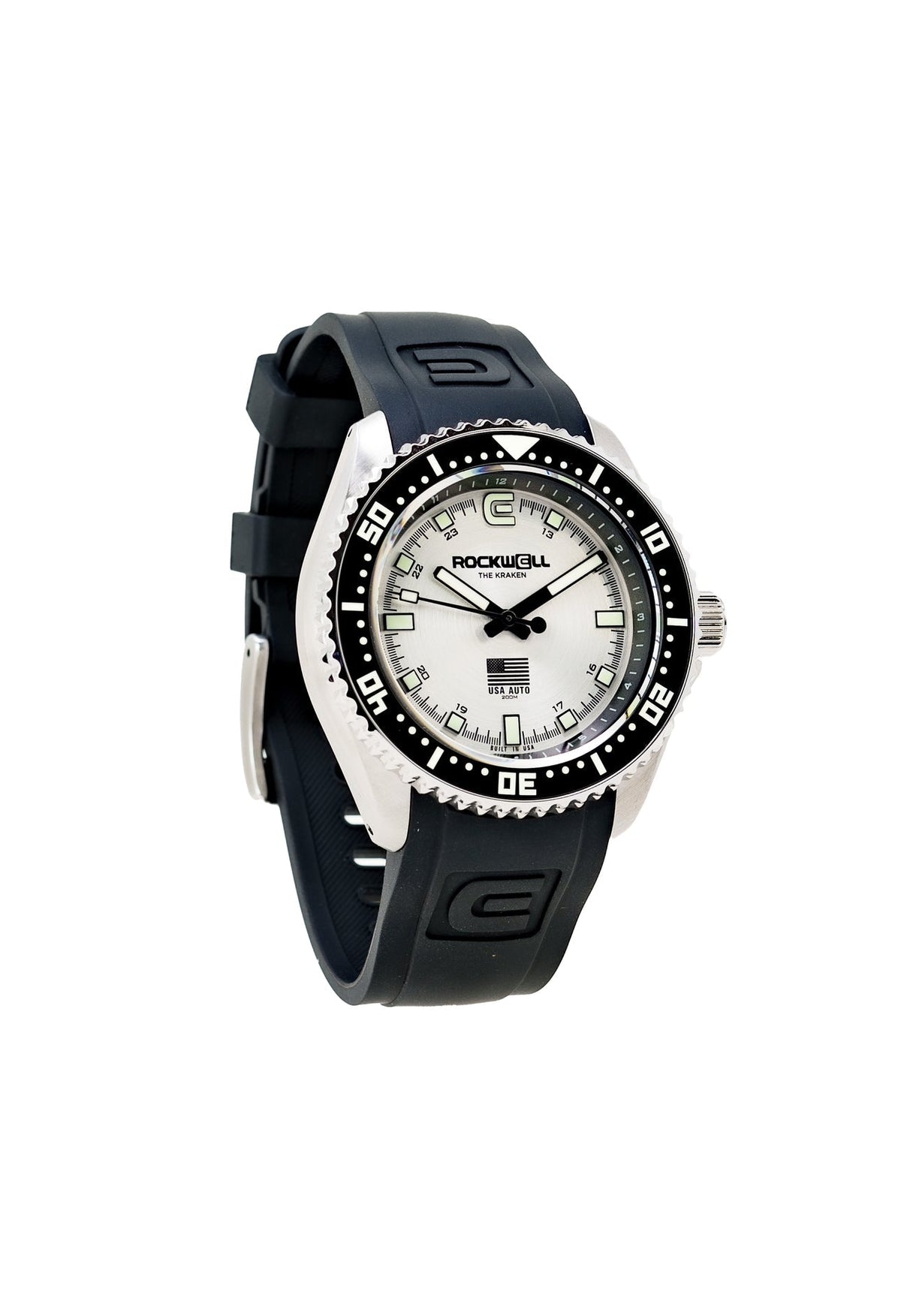 Black silicone wristwatch with white dial and black bezel, Rockwell logo