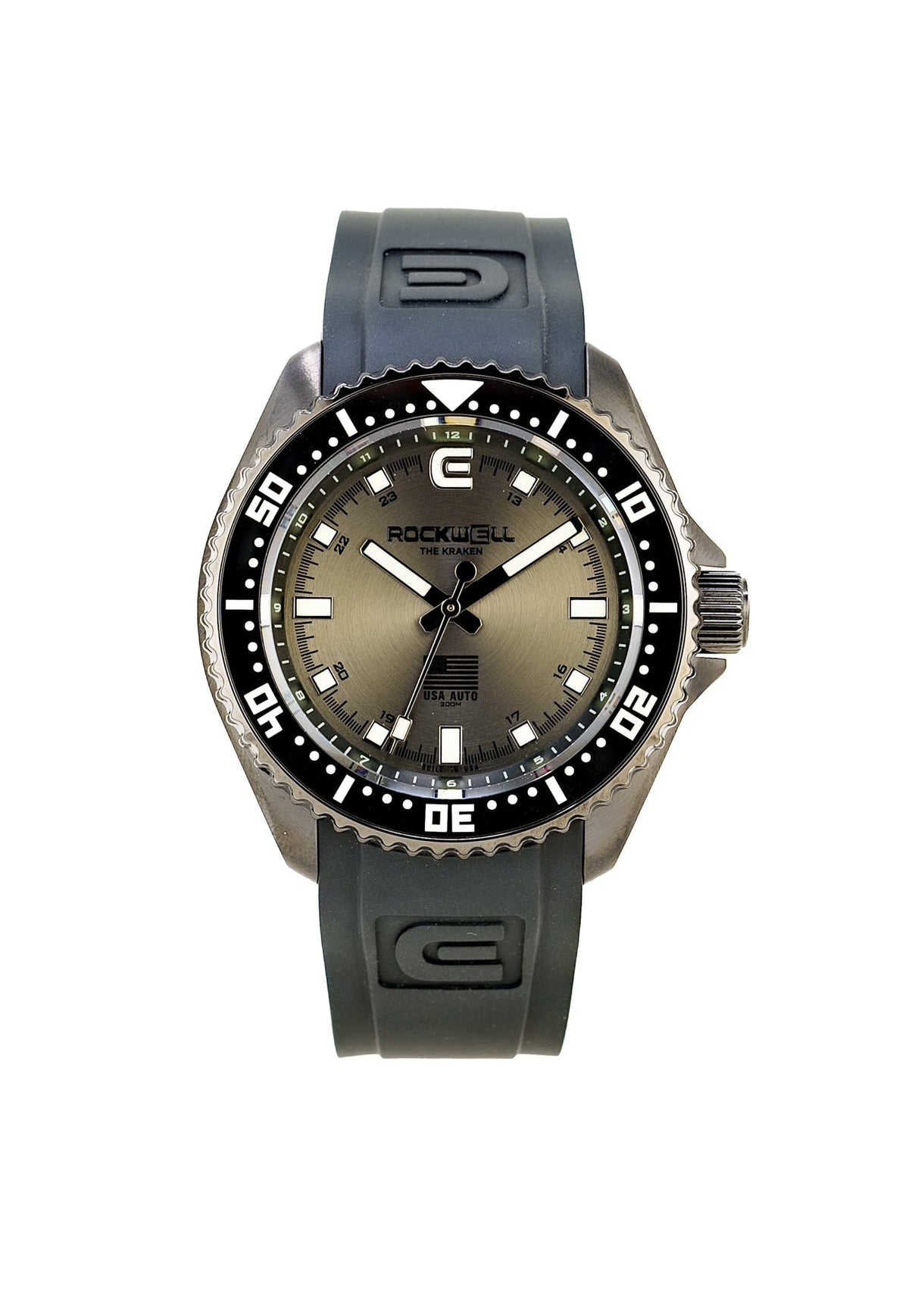 Black silicone wristwatch with brown-gold dial, sport bezel, Rockwell logo