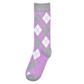 Lavender and gray argyle sock with gray cuff, heel, and toe