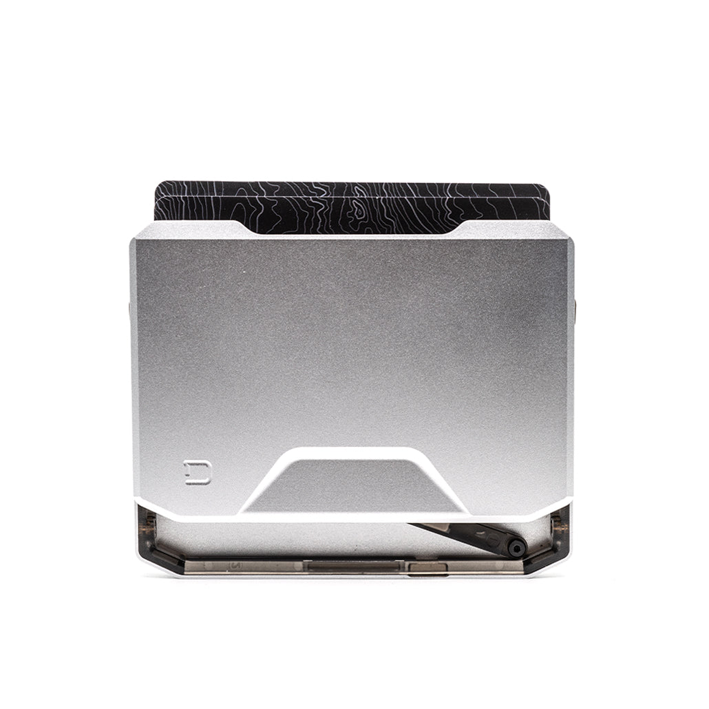 Satin silver card slide kick wallet open with patterned card insert