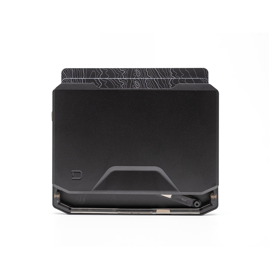 Jet black card slide kick wallet open with patterned card insert