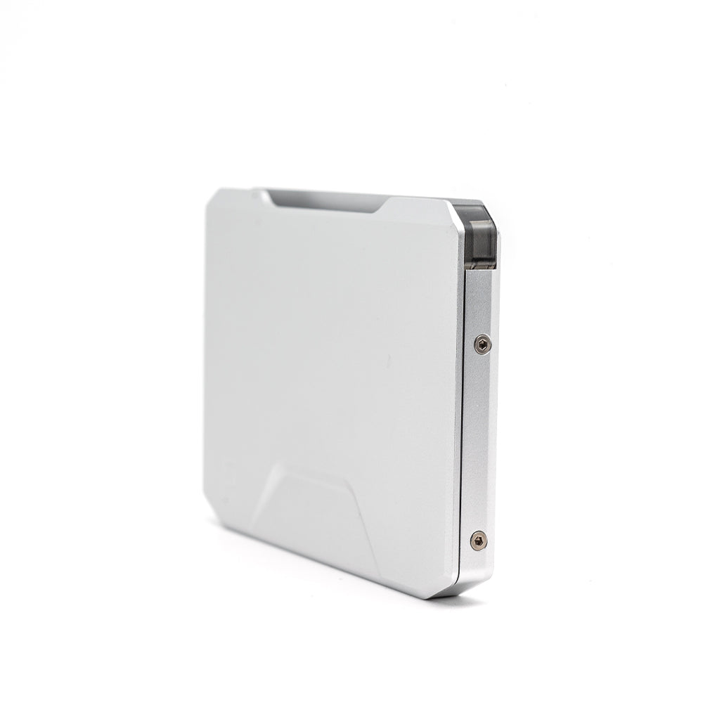 Dango SK1 Slide Kick Wallet in satin silver, angled side view showing metal screws