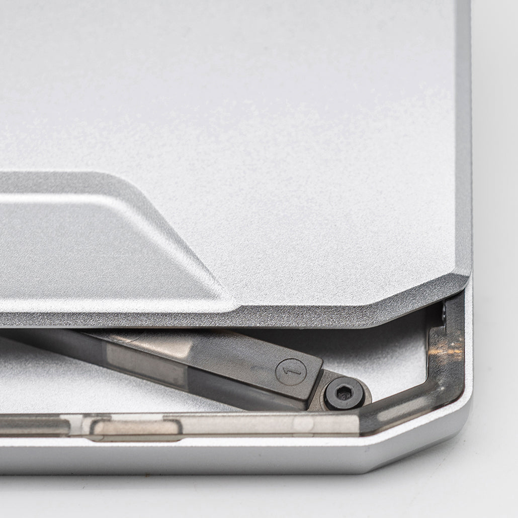 Dango SK1 Slide Kick Wallet close-up showing the folding metal kickstand mechanism