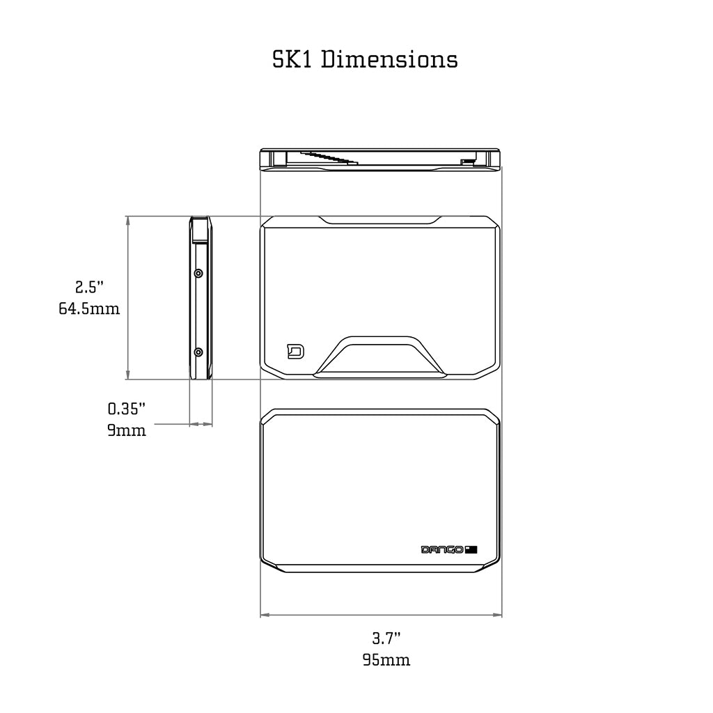 SK1 wallet dimensions diagram with measurements for thickness and width