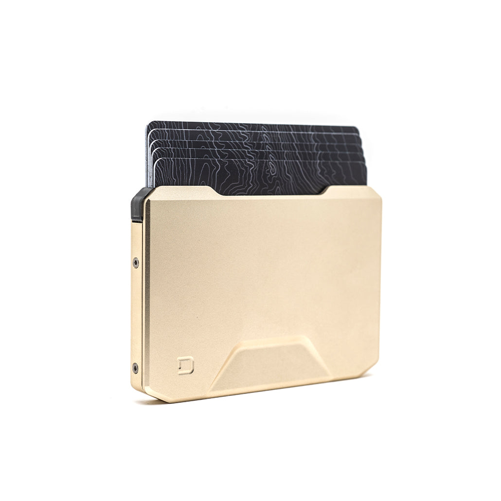 Satin gold Dango SK1 Slide Kick Wallet with cards inserted