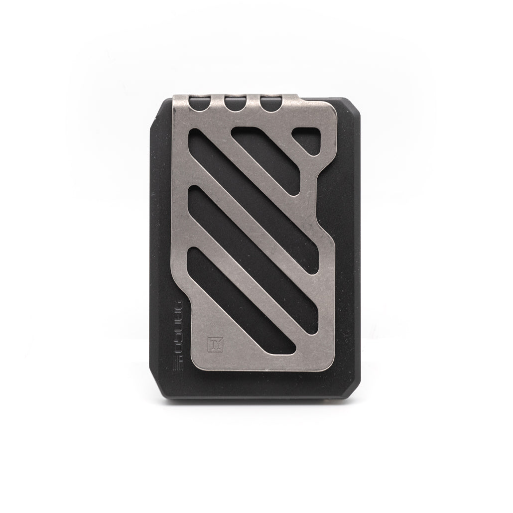 Black slide wallet with metallic titanium money clip, card cutout design