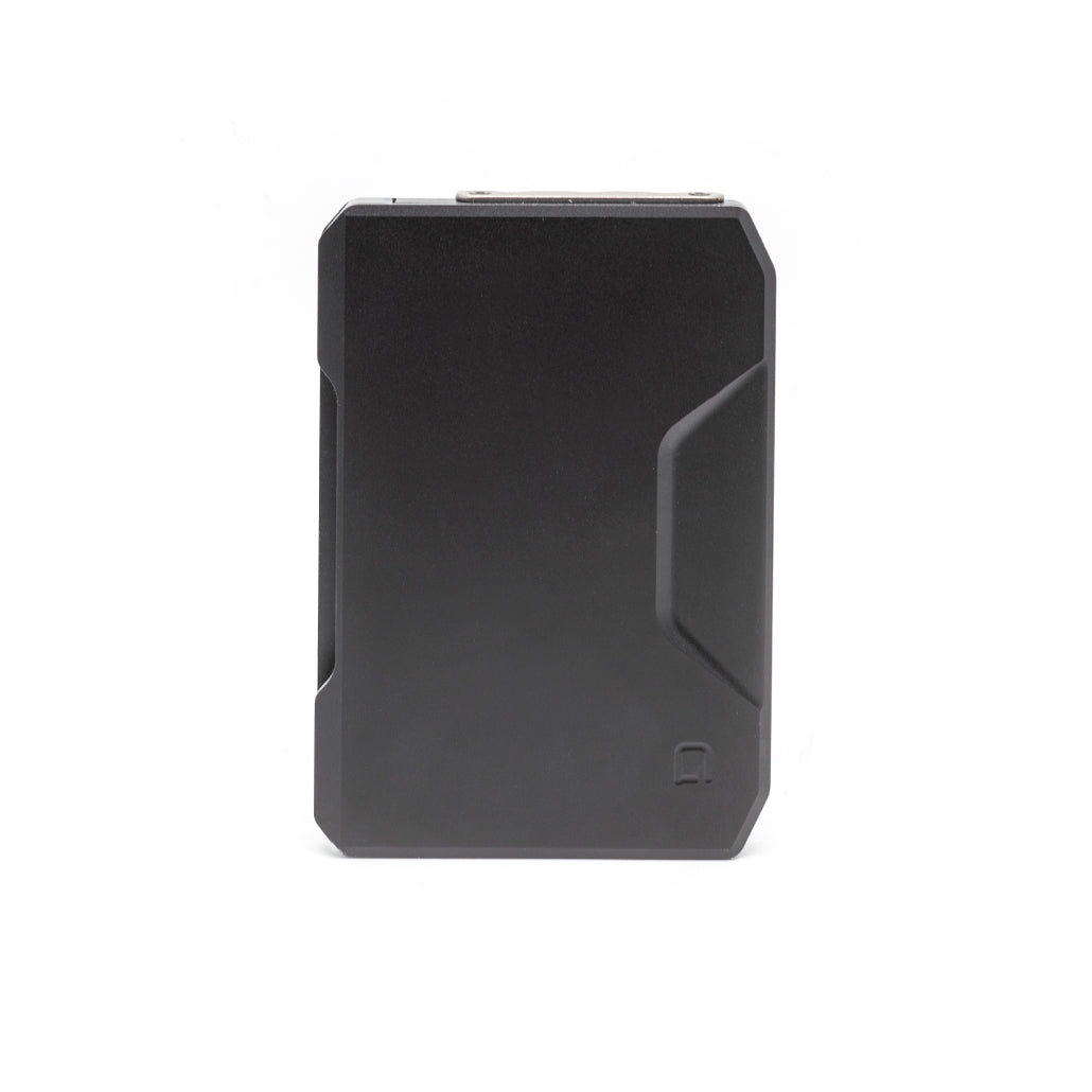Black slide wallet, smooth back panel with titanium money clip