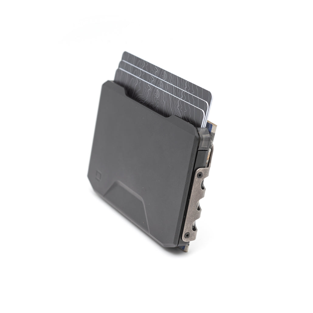 Jet black slide-kick wallet with metal money clip and card stack, angled side view