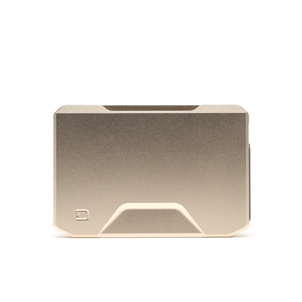 Champagne gold slide-kick wallet with metal money clip, back view with logo detail