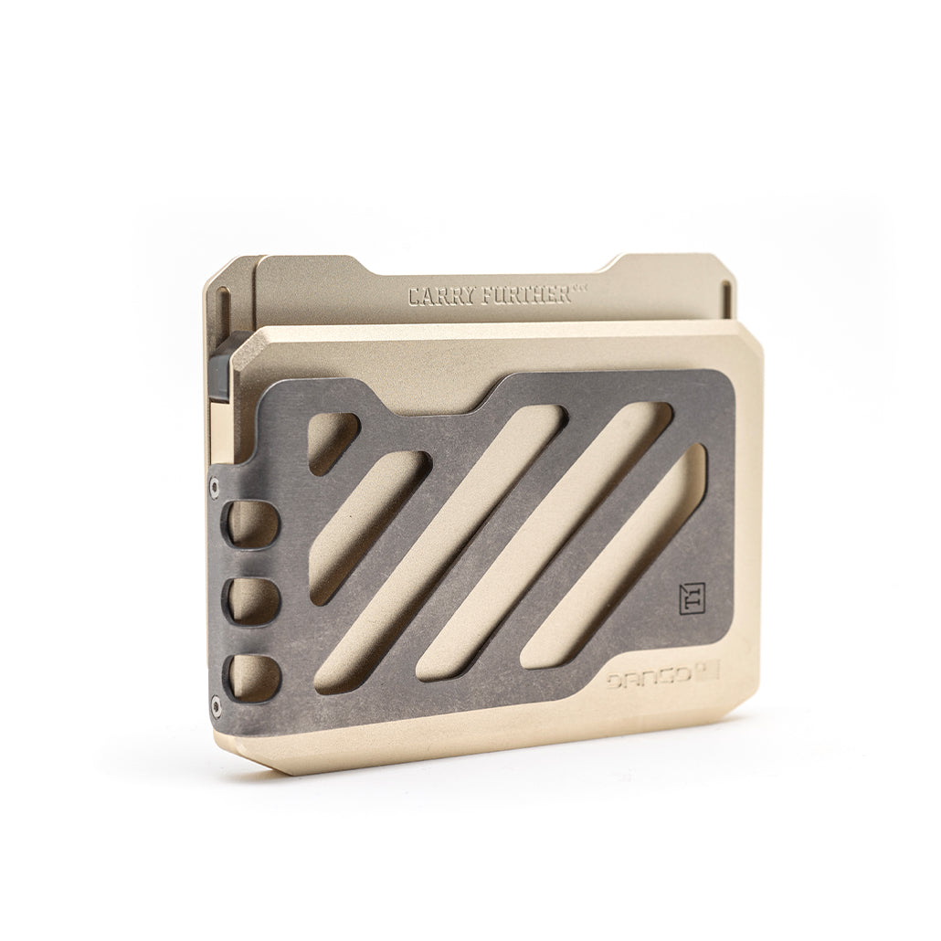 Champagne gold slide kick wallet with card slot, geometric cutout panel
