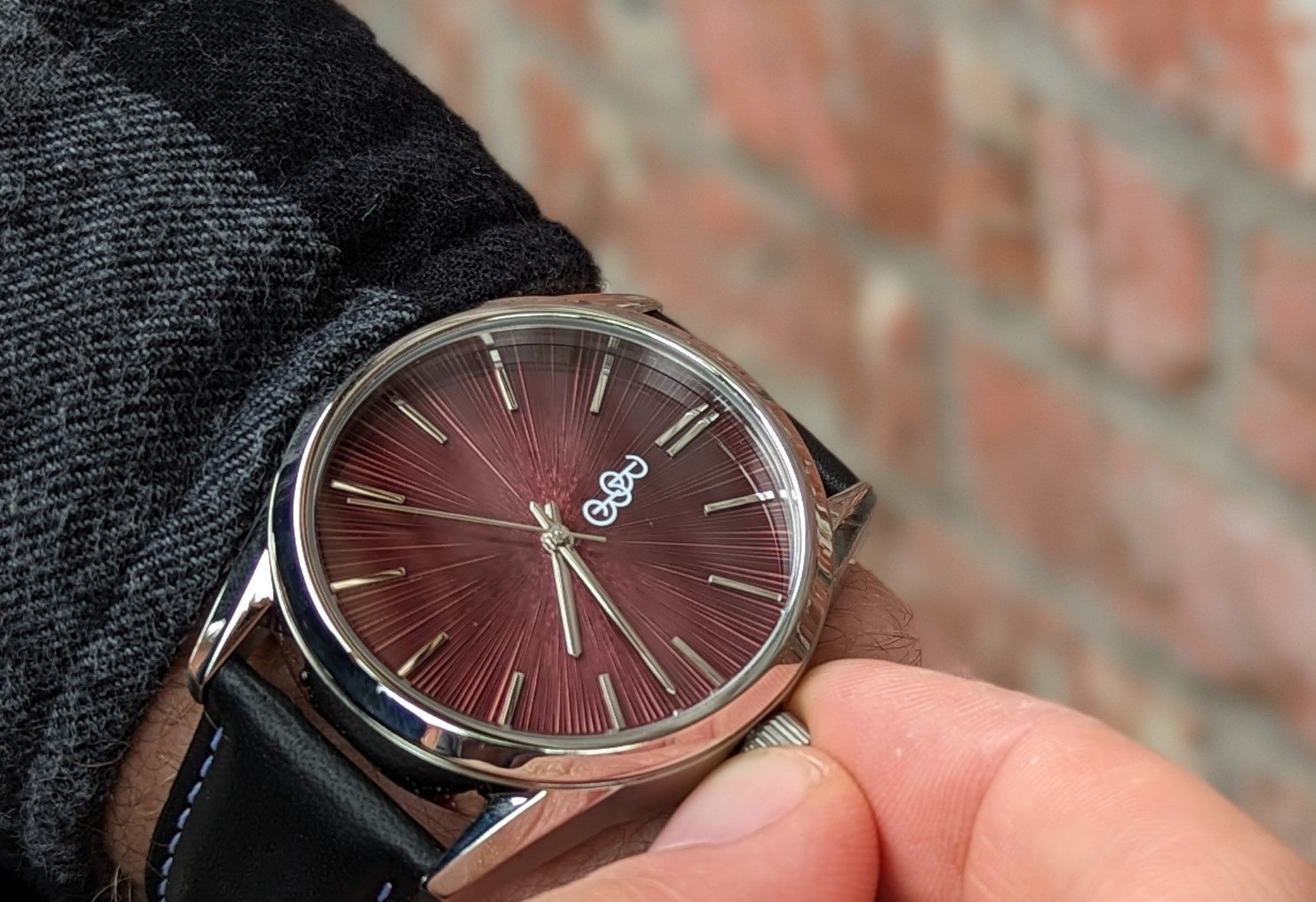 Burgundy Sunburst Watch - lifestyle view